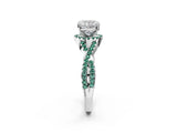 White gold Cushion Cut Diamond with Green Sapphire side stone Halo Twist Band Solitaire Prong Setting Ring_14