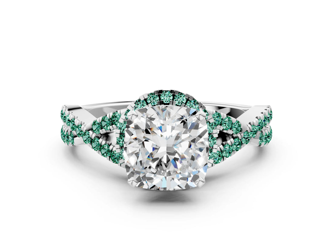 White gold Cushion Cut Diamond with Green Sapphire side stone Halo Twist Band Solitaire Prong Setting Ring_24