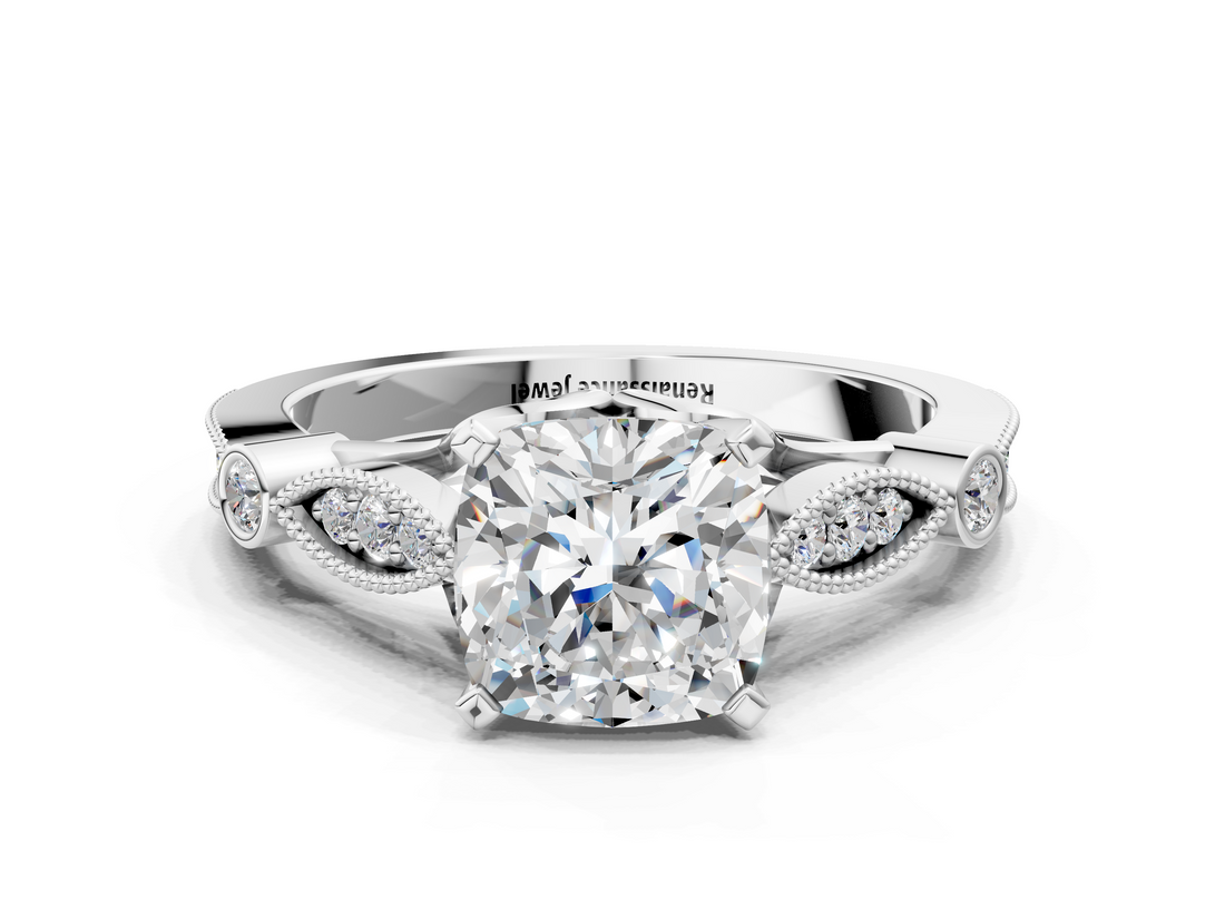White gold Cushion Cut Diamond with Milgrain Marquise and Bezel Accents on a Solitaire Band with Prong Setting_243