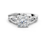 White gold Cushion Cut Diamond with Milgrain Marquise and Bezel Accents on a Solitaire Band with Prong Setting_243