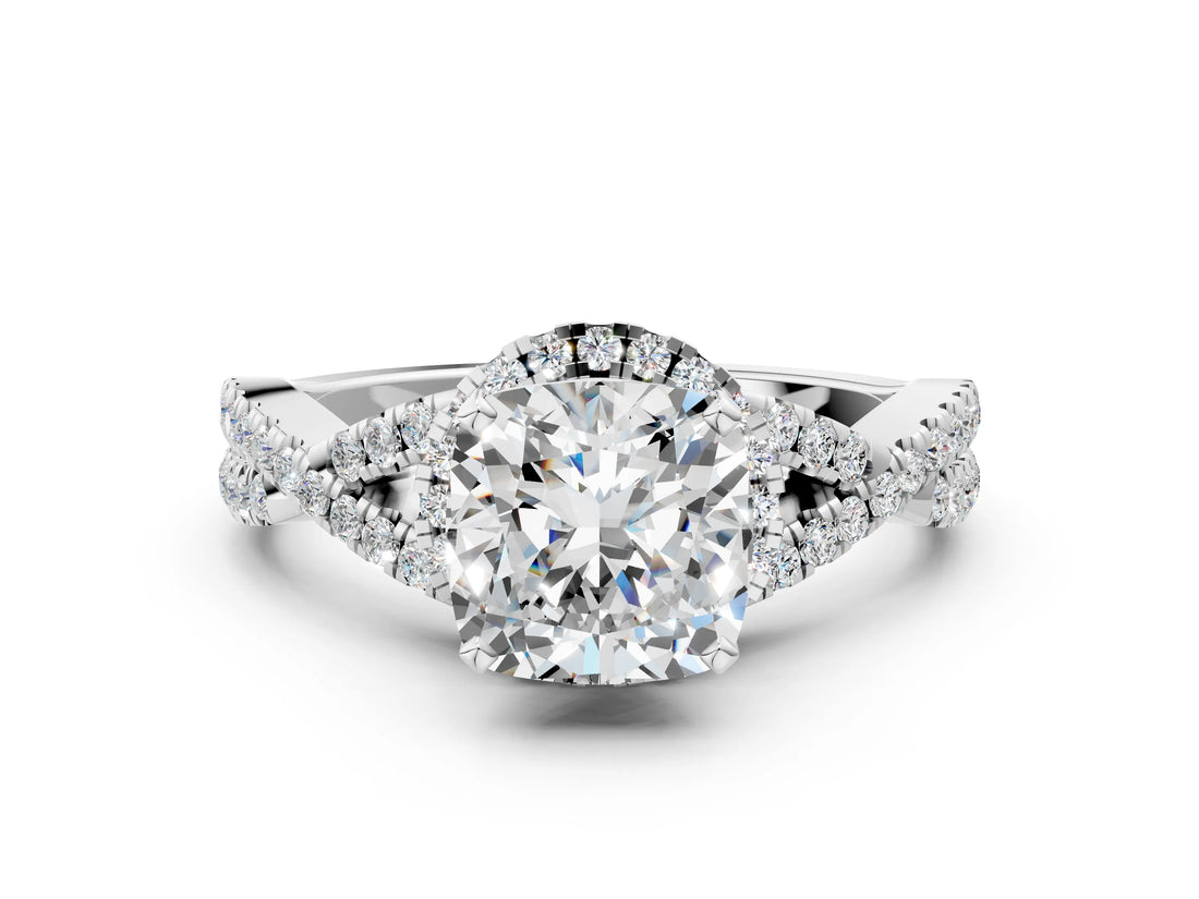 White gold Cushion Cut Diamond with Moissanite side stone Halo Twist Band Solitaire Prong Setting Ring_24