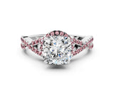 White gold Cushion Cut Diamond with Morganite side stone Halo Twist Band Solitaire Prong Setting Ring