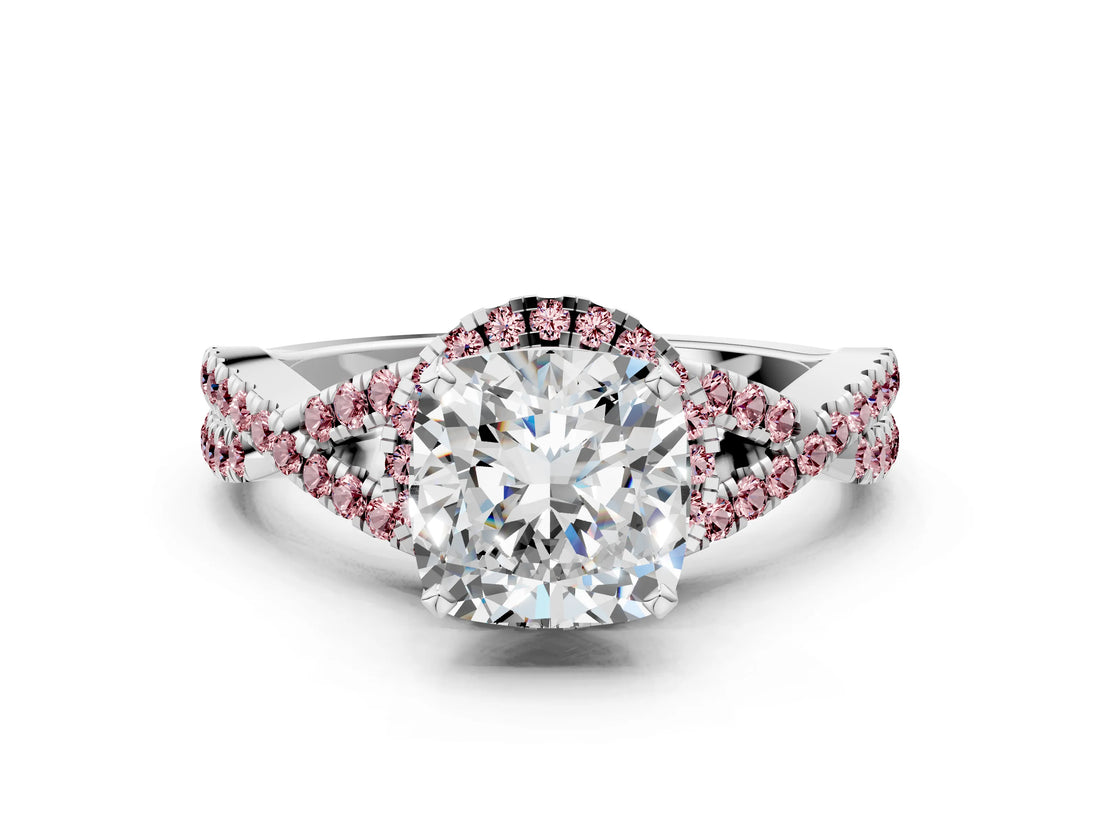White gold Cushion Cut Diamond with Morganite side stone Halo Twist Band Solitaire Prong Setting Ring