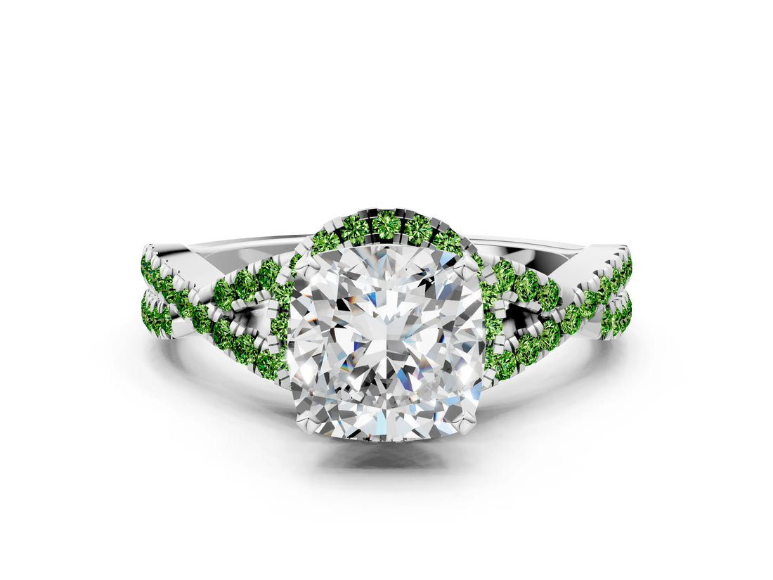 White gold Cushion Cut Diamond with Peridot side stone Halo Twist Band Solitaire Prong Setting Ring
