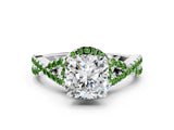 White gold Cushion Cut Diamond with Peridot side stone Halo Twist Band Solitaire Prong Setting Ring