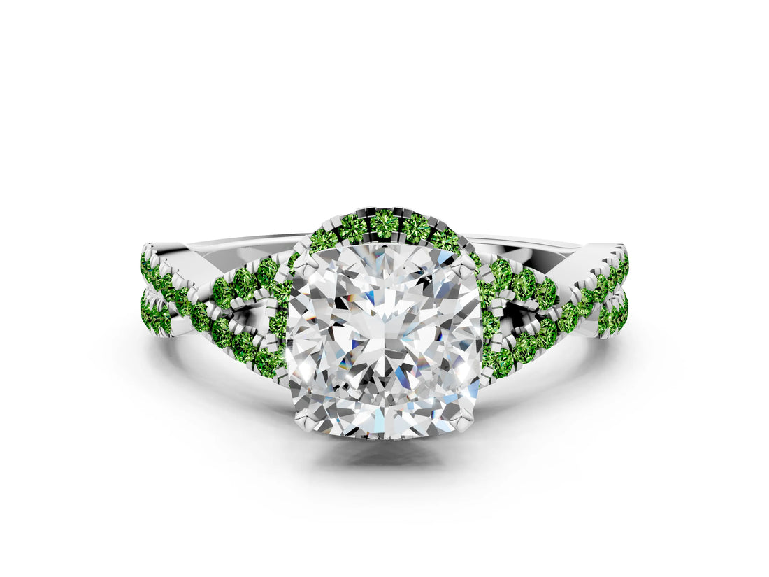 White gold Cushion Cut Diamond with Peridot side stone Halo Twist Band Solitaire Prong Setting Ring_36