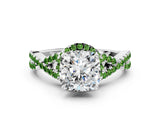 White gold Cushion Cut Diamond with Peridot side stone Halo Twist Band Solitaire Prong Setting Ring_36