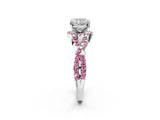 White gold Cushion Cut Diamond with Pink Sapphire side stone Halo Twist Band Solitaire Prong Setting Ring_2
