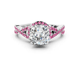 White gold Cushion Cut Diamond with Pink Sapphire side stone Halo Twist Band Solitaire Prong Setting Ring_24