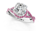 White gold Cushion Cut Diamond with Pink Sapphire side stone Halo Twist Band Solitaire Prong Setting Ring_25