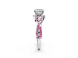 White gold Cushion Cut Diamond with Pink Sapphire side stone Halo Twist Band Solitaire Prong Setting Ring_26