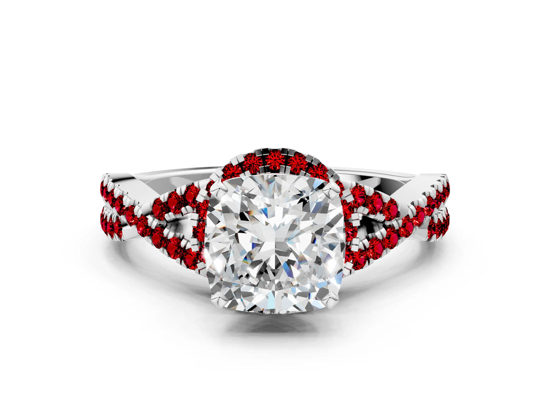 White gold Cushion Cut Diamond with Ruby side stone Halo Twist Band Solitaire Prong Setting Ring_36
