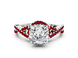 White gold Cushion Cut Diamond with Ruby side stone Halo Twist Band Solitaire Prong Setting Ring_36