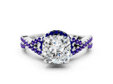 White gold Cushion Cut Diamond with Tanzanite side stone Halo Twist Band Solitaire Prong Setting Ring_12