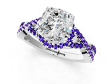 White gold Cushion Cut Diamond with Tanzanite side stone Halo Twist Band Solitaire Prong Setting Ring_13
