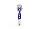 White gold Cushion Cut Diamond with Tanzanite side stone Halo Twist Band Solitaire Prong Setting Ring_14