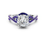 White gold Cushion Cut Diamond with Tanzanite side stone Halo Twist Band Solitaire Prong Setting Ring_36
