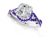 White gold Cushion Cut Diamond with Tanzanite side stone Halo Twist Band Solitaire Prong Setting Ring_37