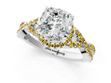 White gold Cushion Cut Diamond with Yellow Sapphire side stone Halo Twist Band Solitaire Prong Setting Ring_1