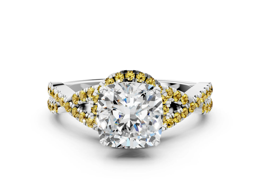 White gold Cushion Cut Diamond with Yellow Sapphire side stone Halo Twist Band Solitaire Prong Setting Ring_24