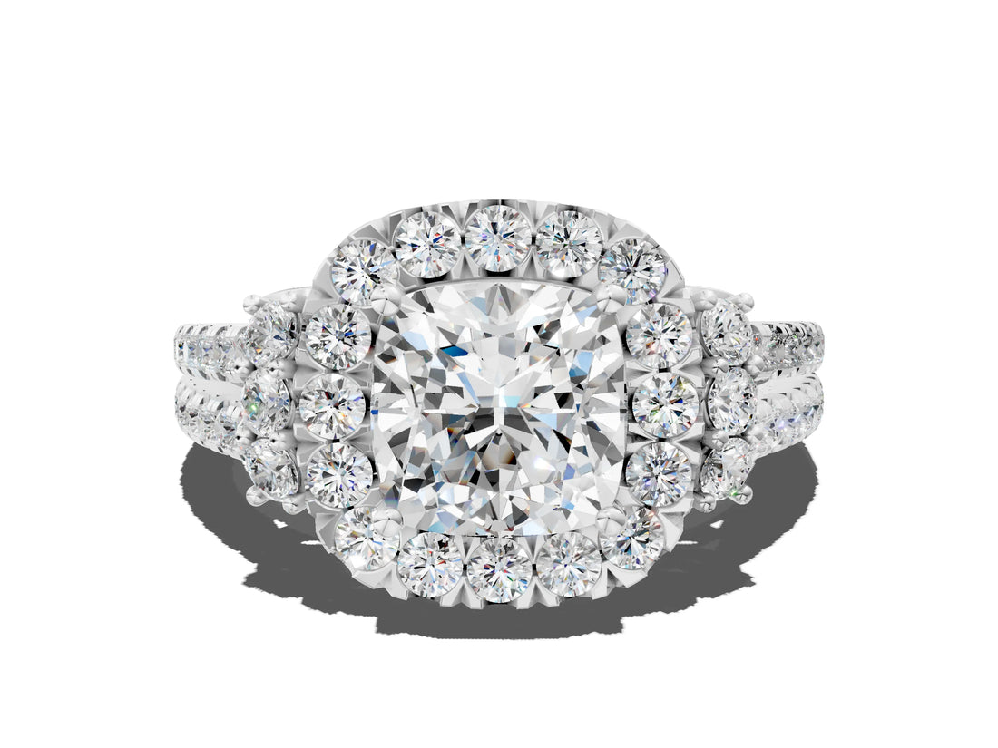 White gold Cushion Cut Double Halo Diamond Engagement Ring with Pave Band and Four-Prong Setting_26