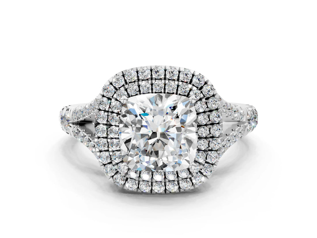 White gold Cushion Cut Double Halo Split Shank Diamond Ring with Prong Setting_49