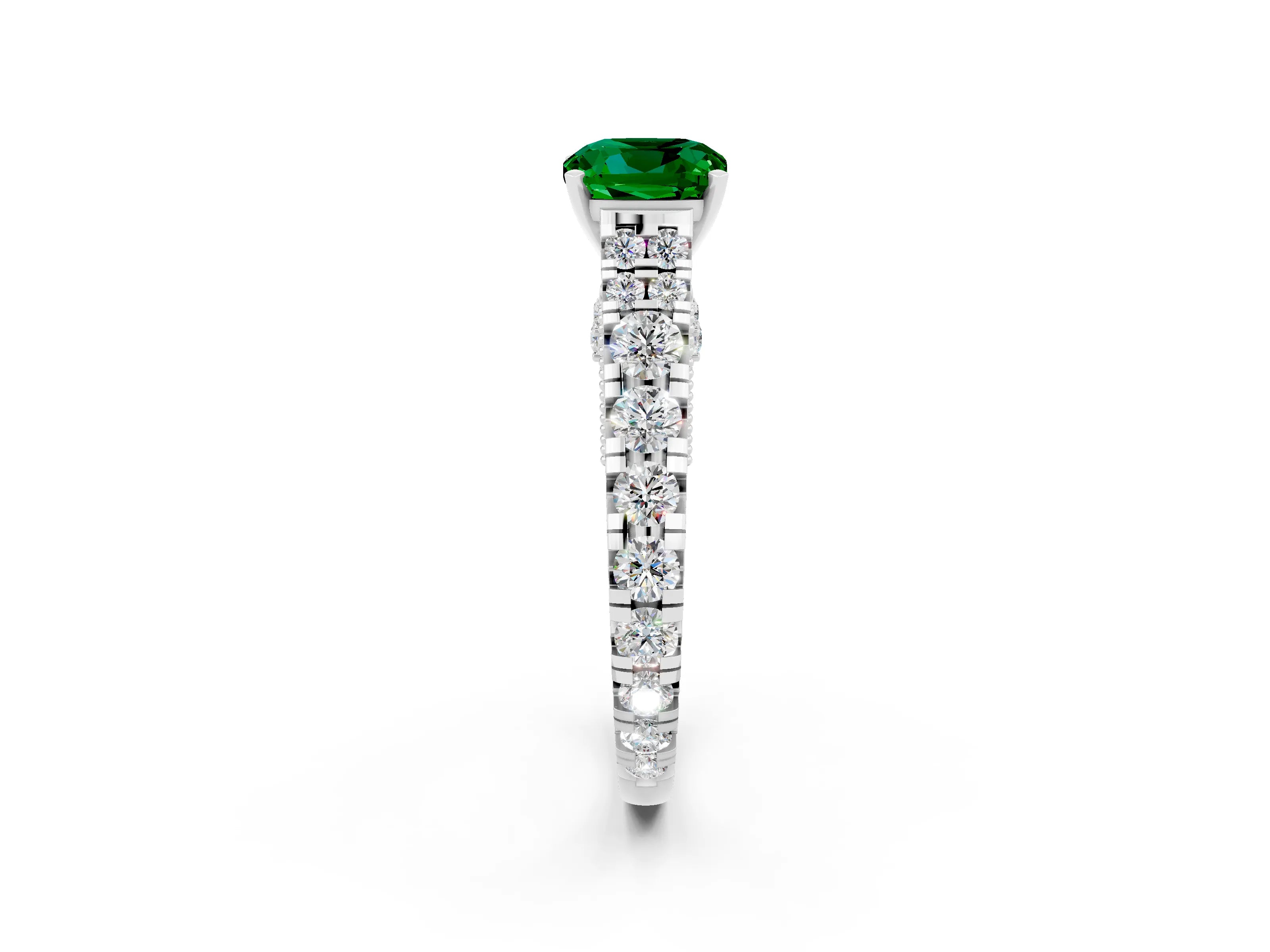 White gold Cushion Cut Emerald Classic Solitaire Ring with Pavé Band and Four-Prong Setting_2