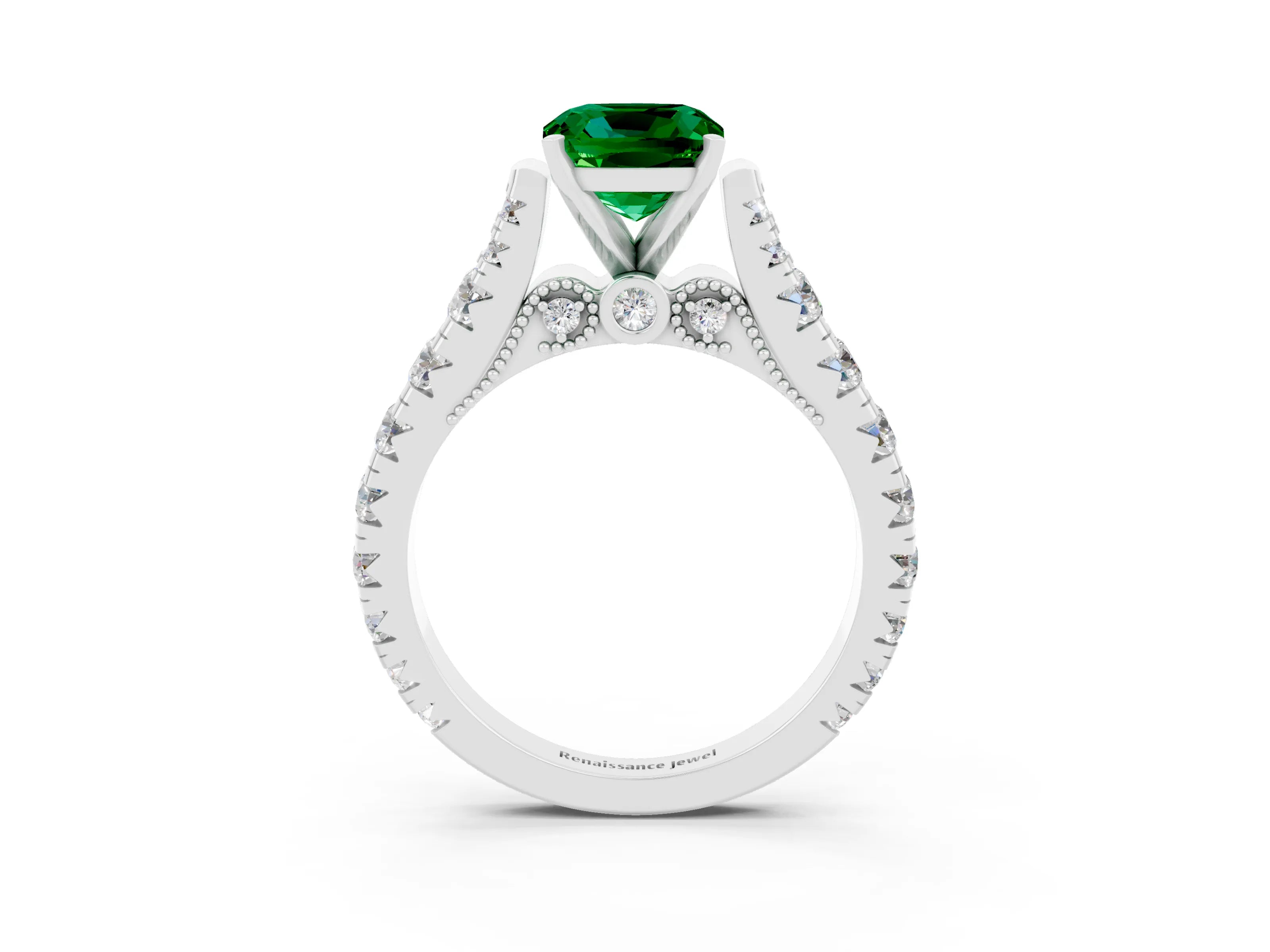 White gold Cushion Cut Emerald Classic Solitaire Ring with Pavé Band and Four-Prong Setting_3
