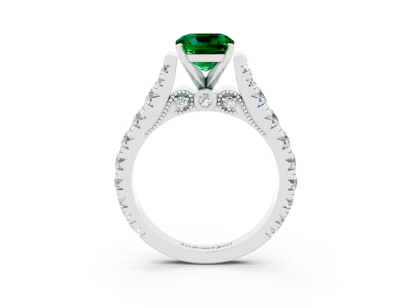 White gold Cushion Cut Emerald Classic Solitaire Ring with Pavé Band and Four-Prong Setting