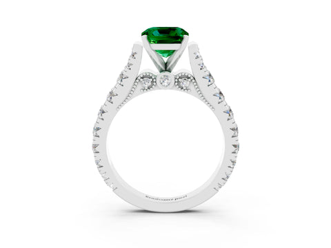 White gold Cushion Cut Emerald Classic Solitaire Ring with Pavé Band and Four-Prong Setting_3