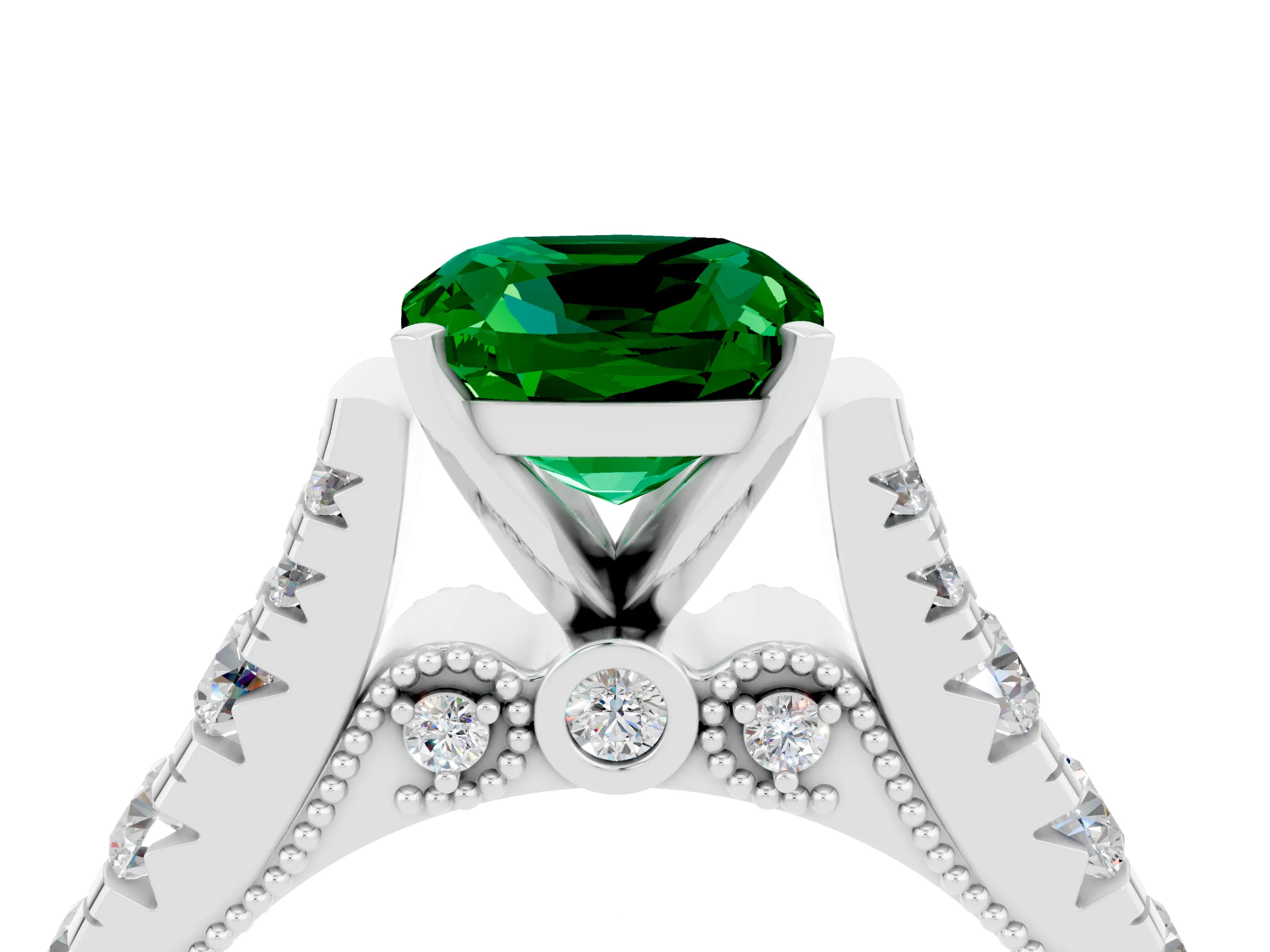 White gold Cushion Cut Emerald Classic Solitaire Ring with Pavé Band and Four-Prong Setting_4