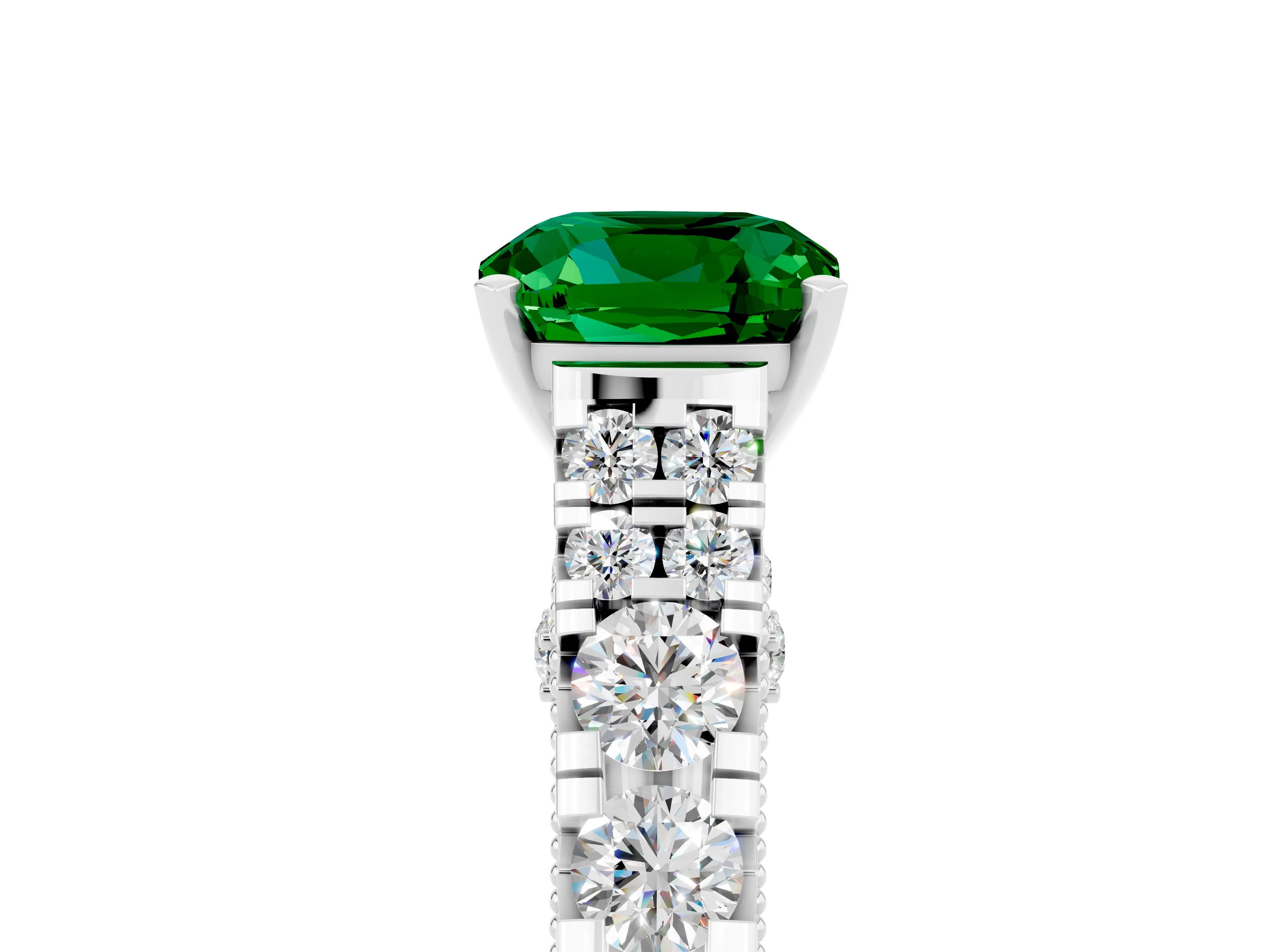 White gold Cushion Cut Emerald Classic Solitaire Ring with Pavé Band and Four-Prong Setting_5