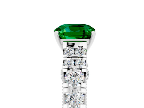 White gold Cushion Cut Emerald Classic Solitaire Ring with Pavé Band and Four-Prong Setting_5