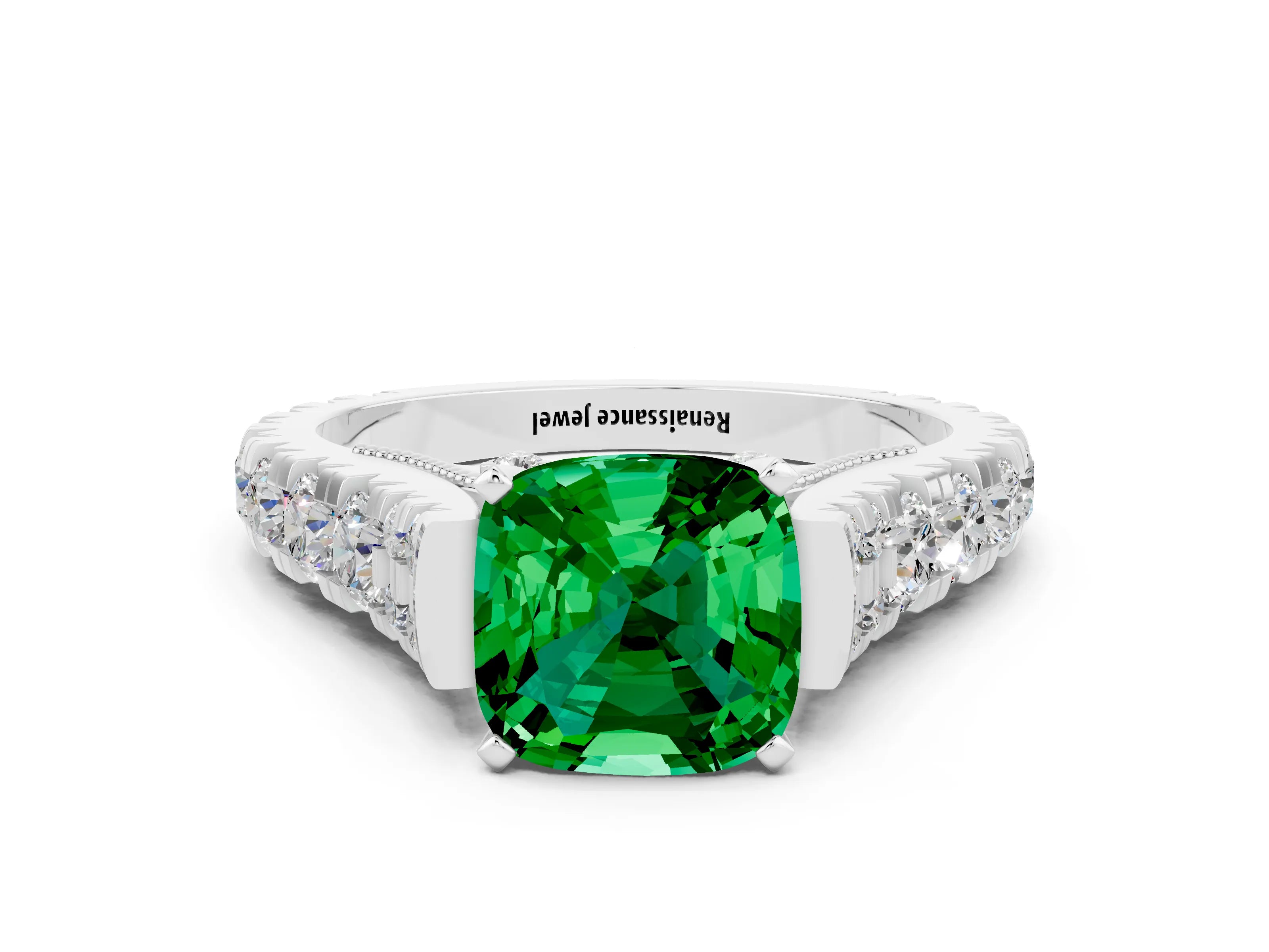 White gold Cushion Cut Emerald Classic Solitaire Ring with Pavé Band and Four-Prong Setting