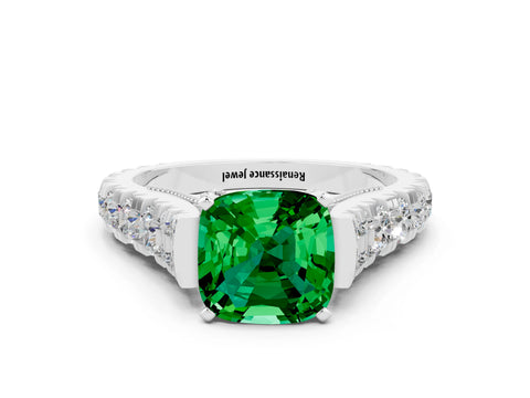 White gold Cushion Cut Emerald Classic Solitaire Ring with Pavé Band and Four-Prong Setting