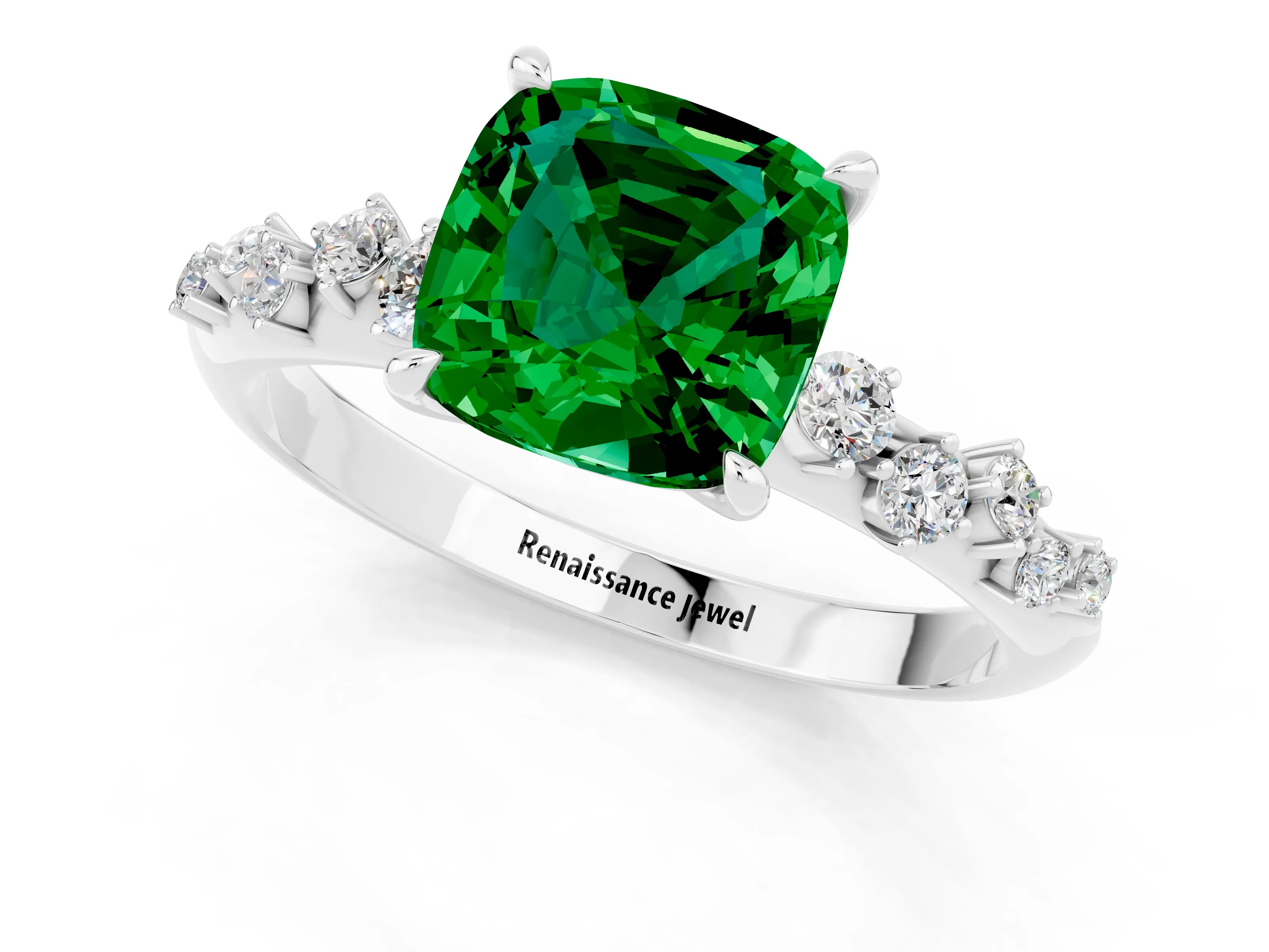 White gold Cushion Cut Emerald Cluster Side Stone Solitaire Ring with Prong Setting_25