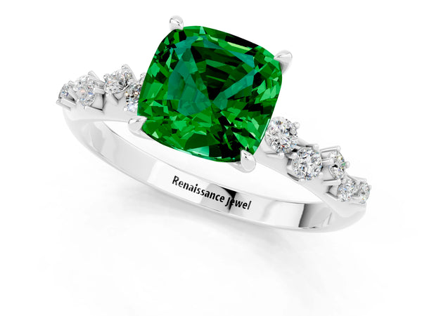 Silver Cushion Cut Emerald Cluster Side Stone Solitaire Ring with Prong Setting