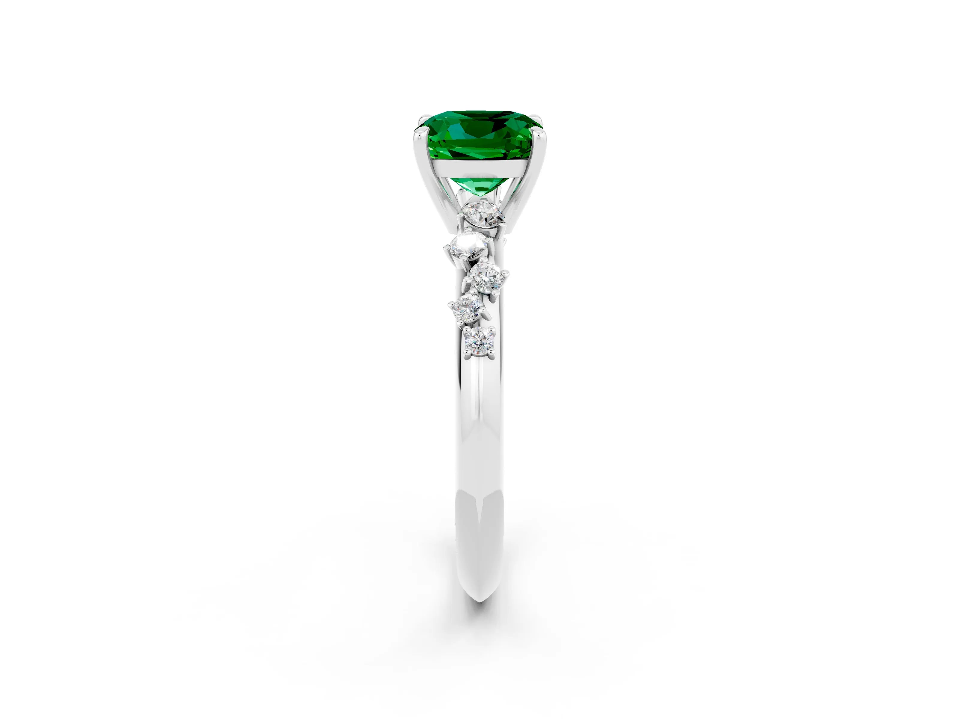 White gold Cushion Cut Emerald Cluster Side Stone Solitaire Ring with Prong Setting_26