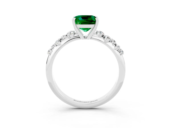Silver Cushion Cut Emerald Cluster Side Stone Solitaire Ring with Prong Setting