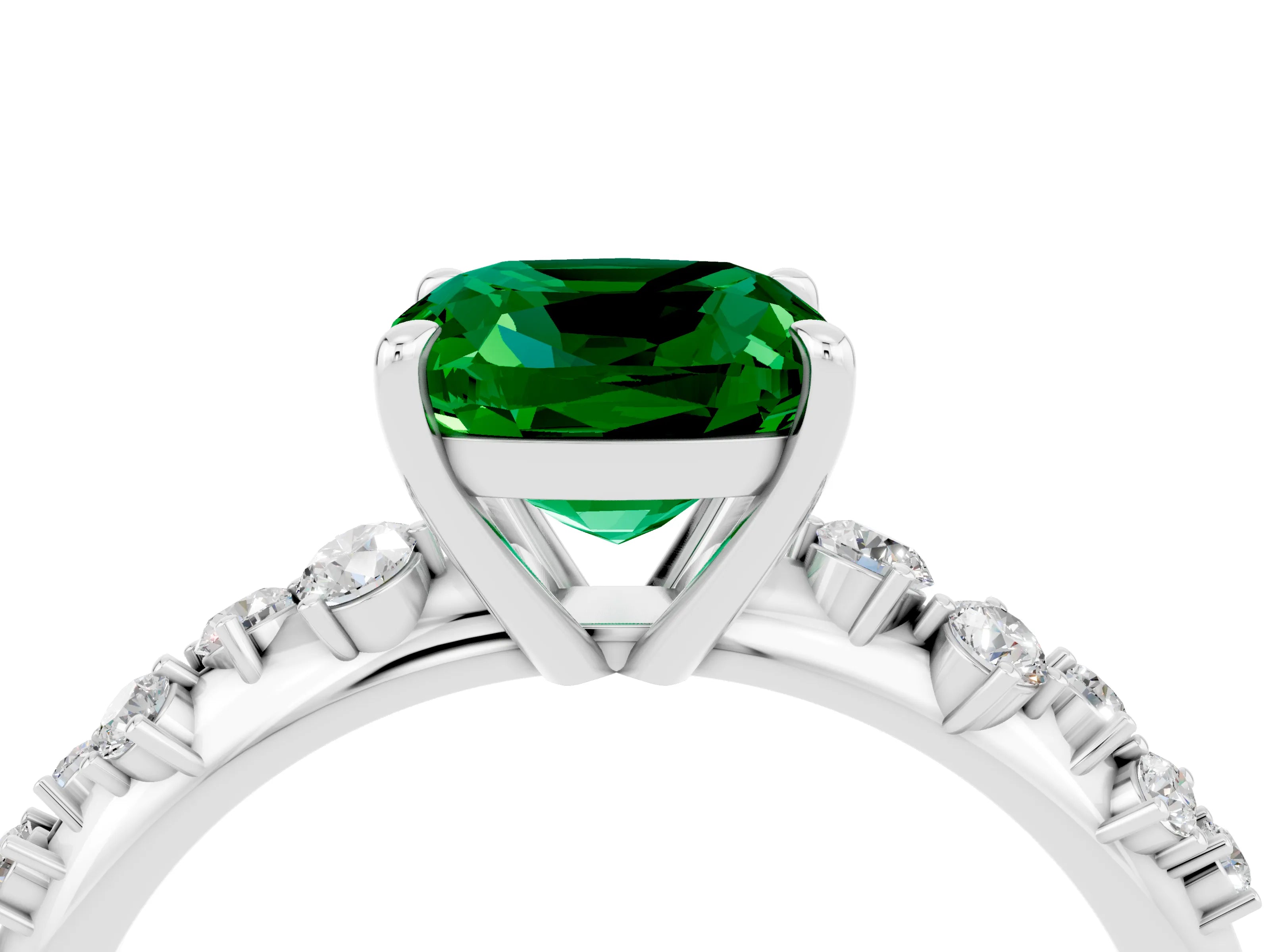 White gold Cushion Cut Emerald Cluster Side Stone Solitaire Ring with Prong Setting_28