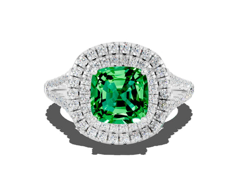White gold Cushion Cut Emerald Double Halo Ring with Pavé Band and Prong Setting_12