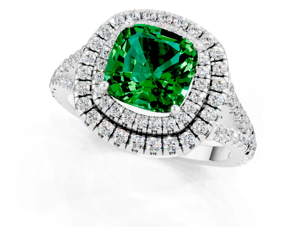 Platinum Cushion Cut Emerald Double Halo Ring with Pavé Band and Prong Setting