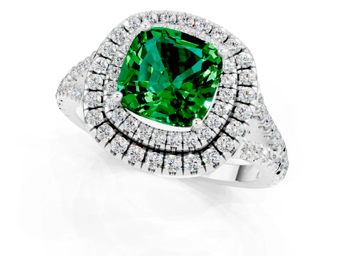 White gold Cushion Cut Emerald Double Halo Ring with Pavé Band and Prong Setting_13