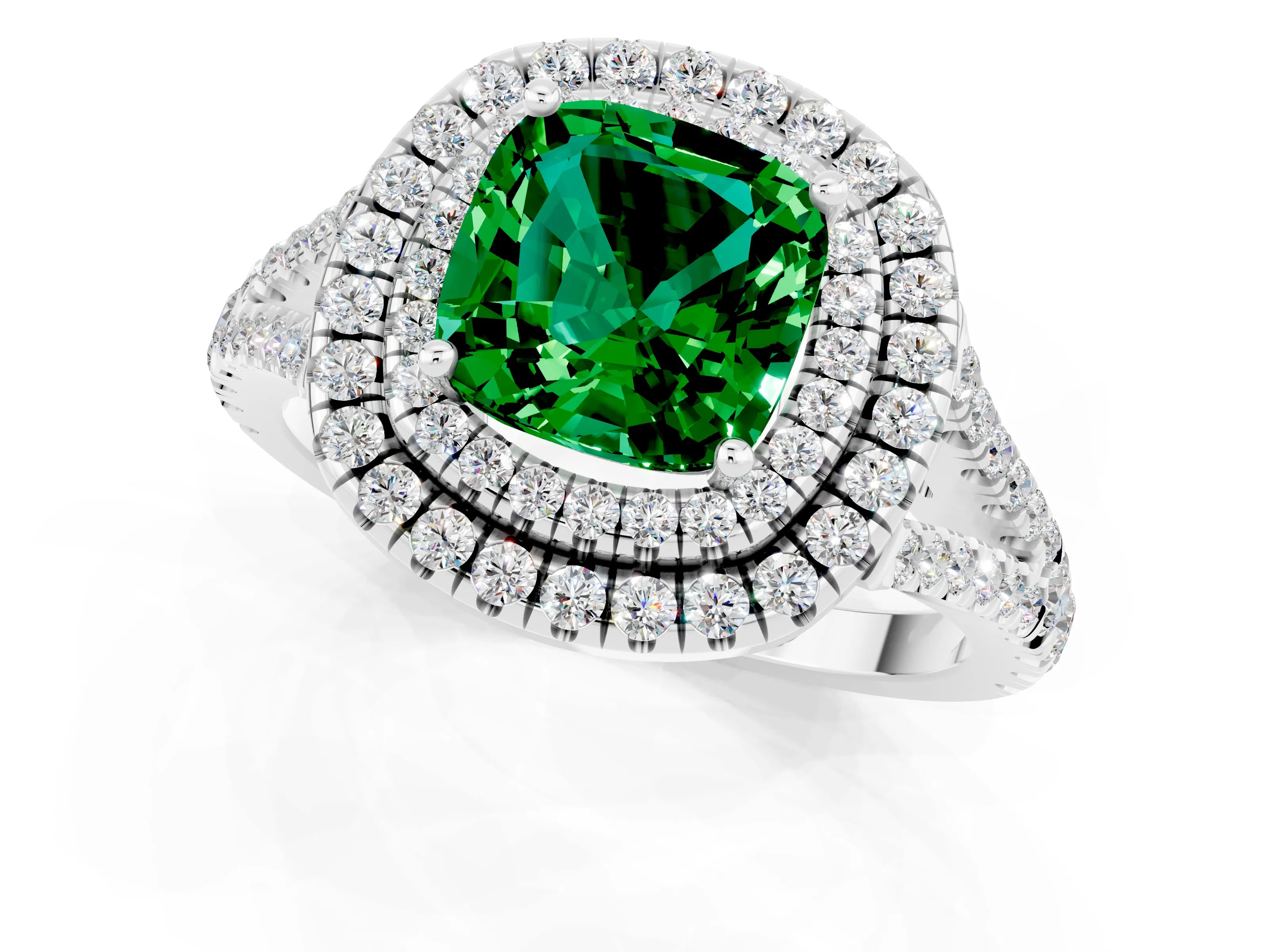 White gold Cushion Cut Emerald Double Halo Ring with Pavé Band and Prong Setting_13