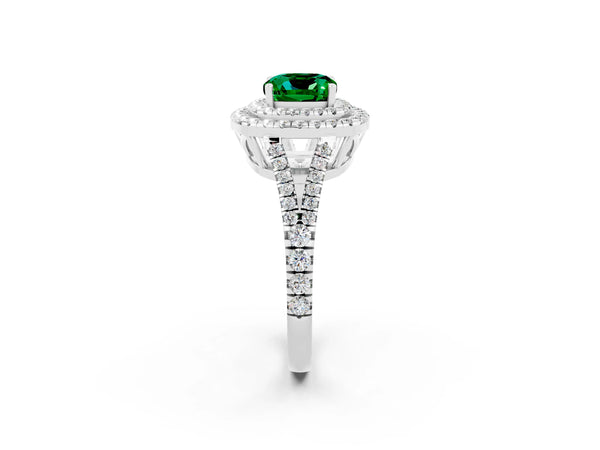 Silver Cushion Cut Emerald Double Halo Ring with Pavé Band and Prong Setting