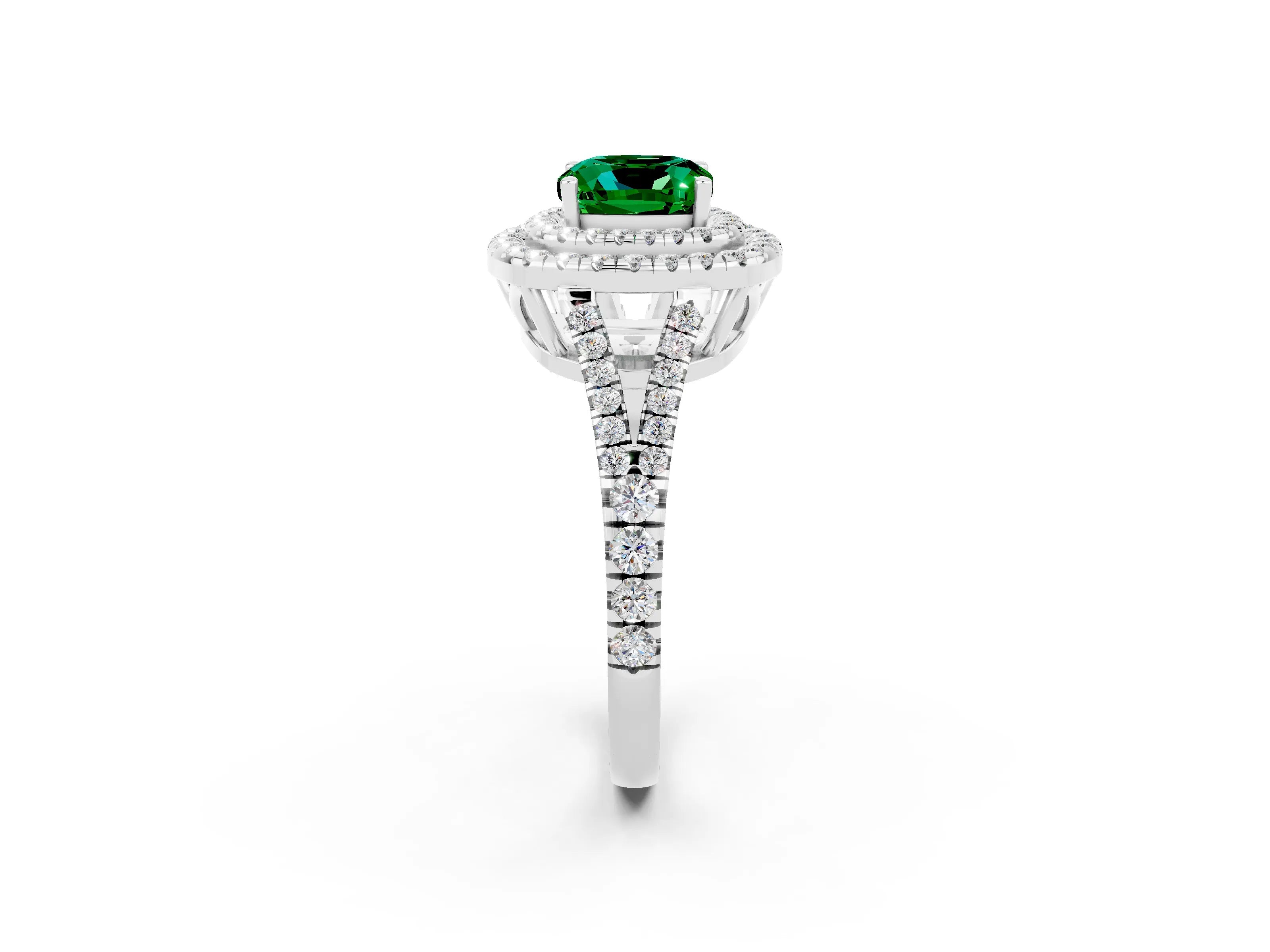 White gold Cushion Cut Emerald Double Halo Ring with Pavé Band and Prong Setting_14