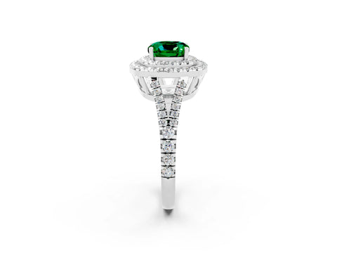 White gold Cushion Cut Emerald Double Halo Ring with Pavé Band and Prong Setting_14