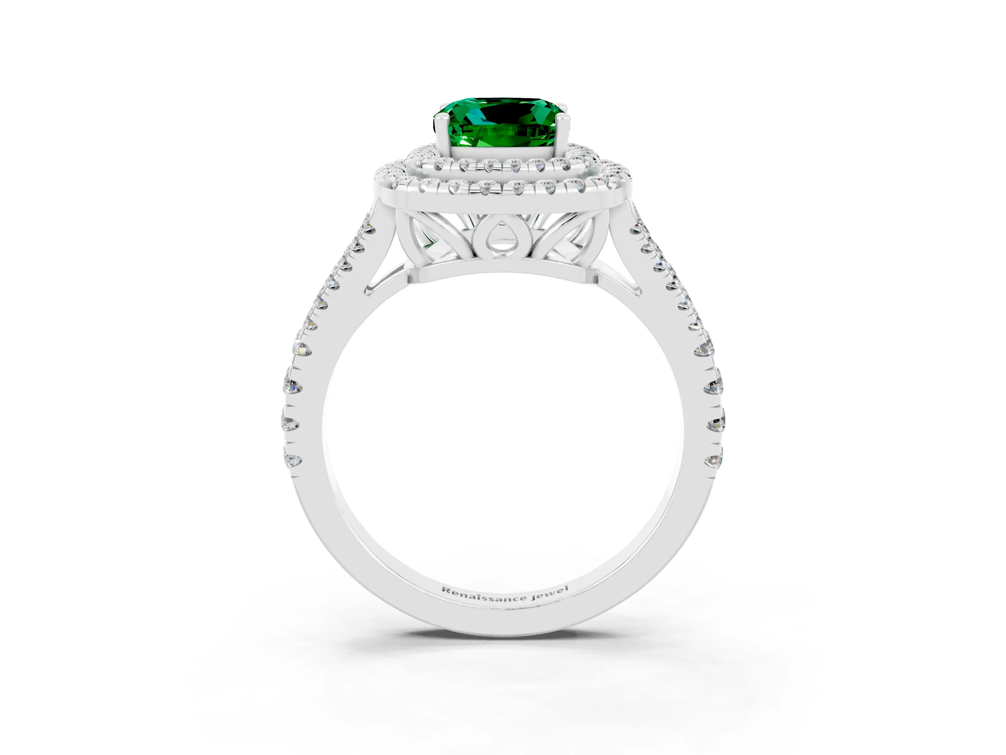 White gold Cushion Cut Emerald Double Halo Ring with Pavé Band and Prong Setting_15