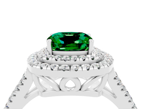 White gold Cushion Cut Emerald Double Halo Ring with Pavé Band and Prong Setting_16