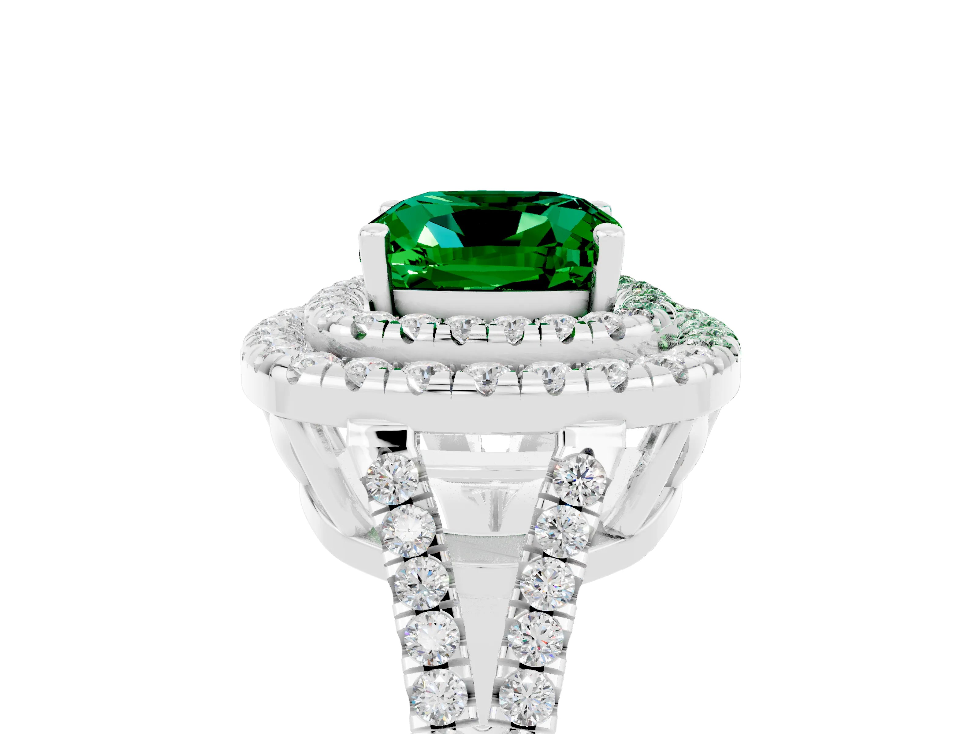 White gold Cushion Cut Emerald Double Halo Ring with Pavé Band and Prong Setting_17